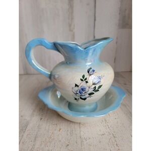 Vintage iridescent blue rose water basin pitcher bowl set kitchen home decor